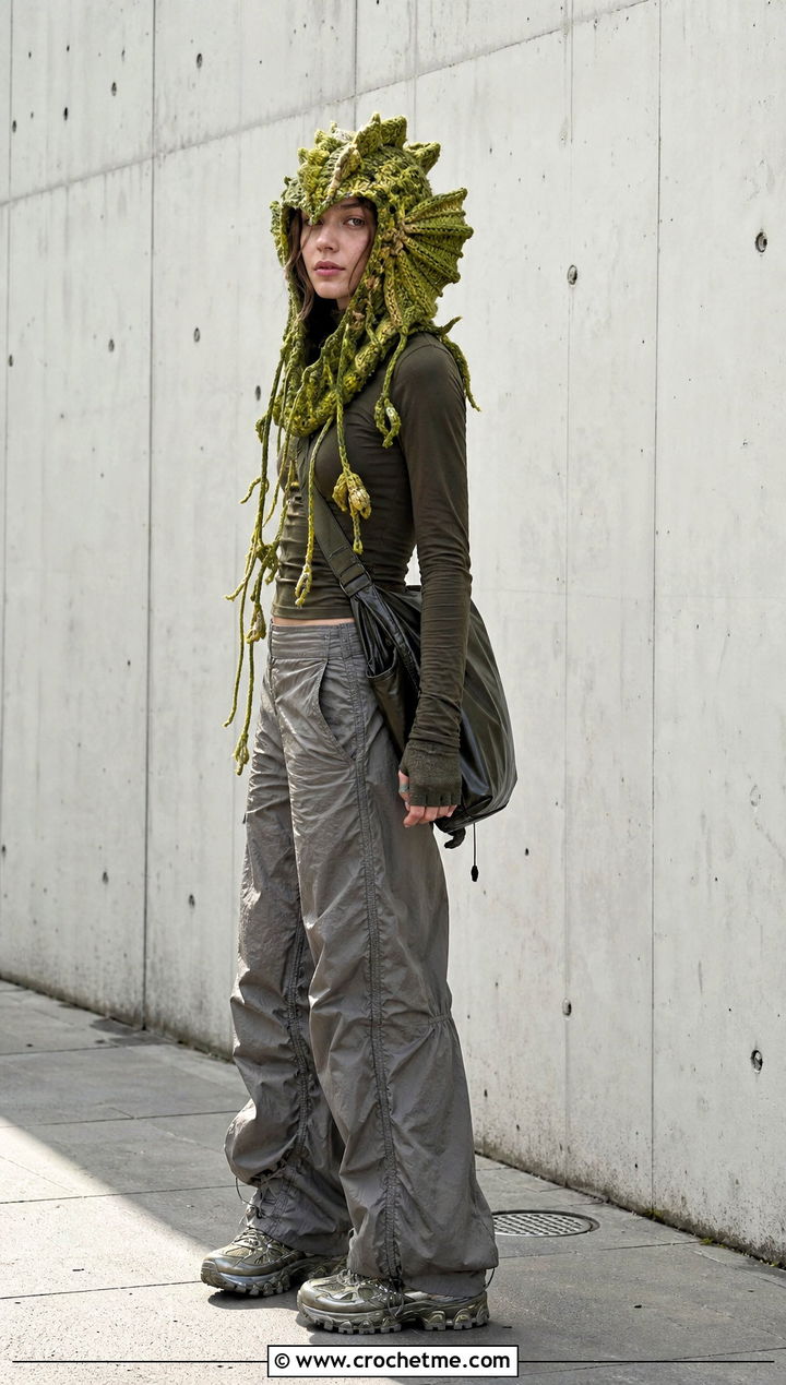 Crochet Swamp Creature Hood With Parachute Pants - 35 Crochet Halloween Costume Women outfit ideas