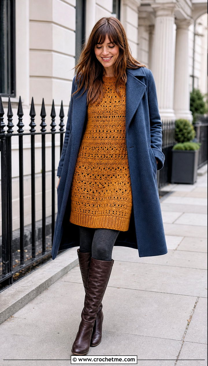 Crochet Sweater Dress With Leggings And Coat - 35 Modest Crochet Outfit Ideas