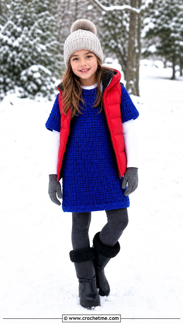 Crochet Sweater Dress With Puffer Vest And Winter Boots - 15 Crochet Childs Dress outfit ideas