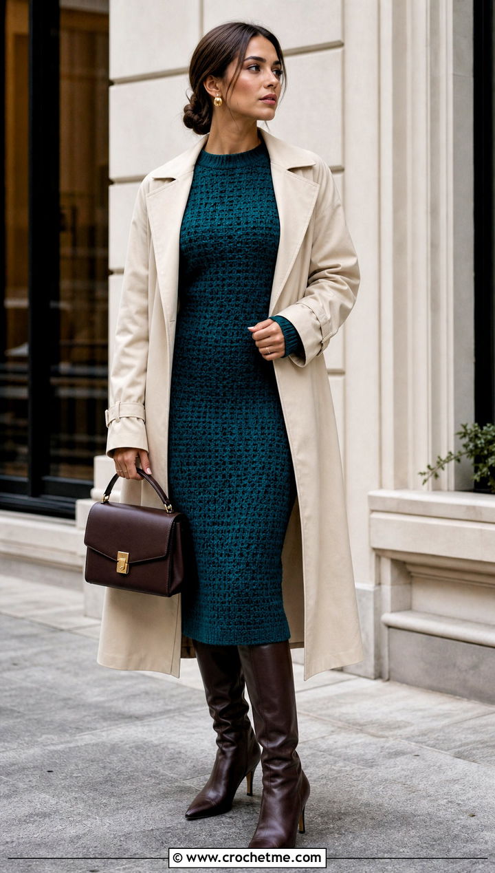 Crochet Sweater Dress With Trench Coat And Knee Boots - 20 Beyonce Crochet Dress outfit ideas