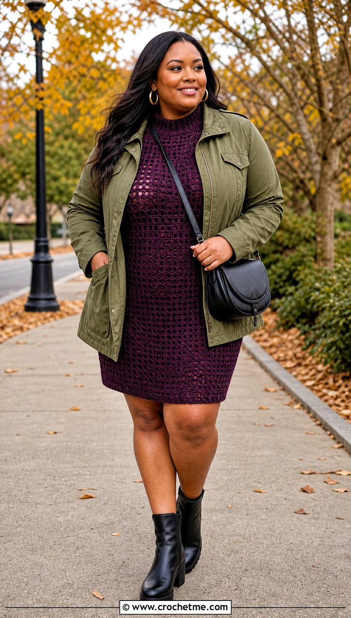 Crochet Sweater Dress With Utility Jacket - 15 plus size crochet dress outfit ideas