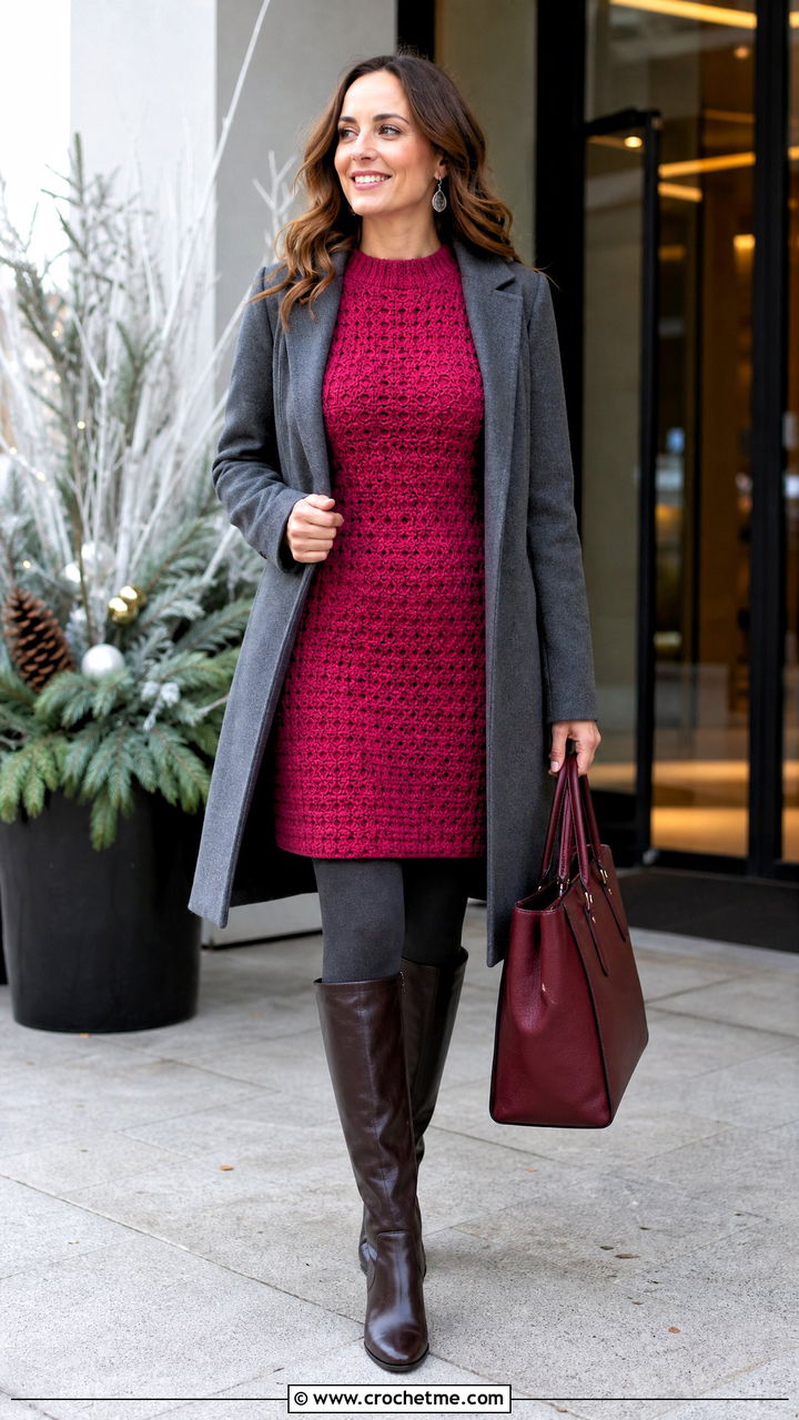 Crochet Sweater Dress With Wool Coat And Knee Boots - 35 crochet dress outfits ideas