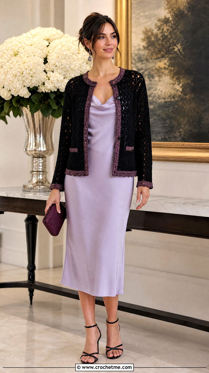Crochet Sweater Jacket With Slip Dress - 35 black crochet sweater outfit ideas
