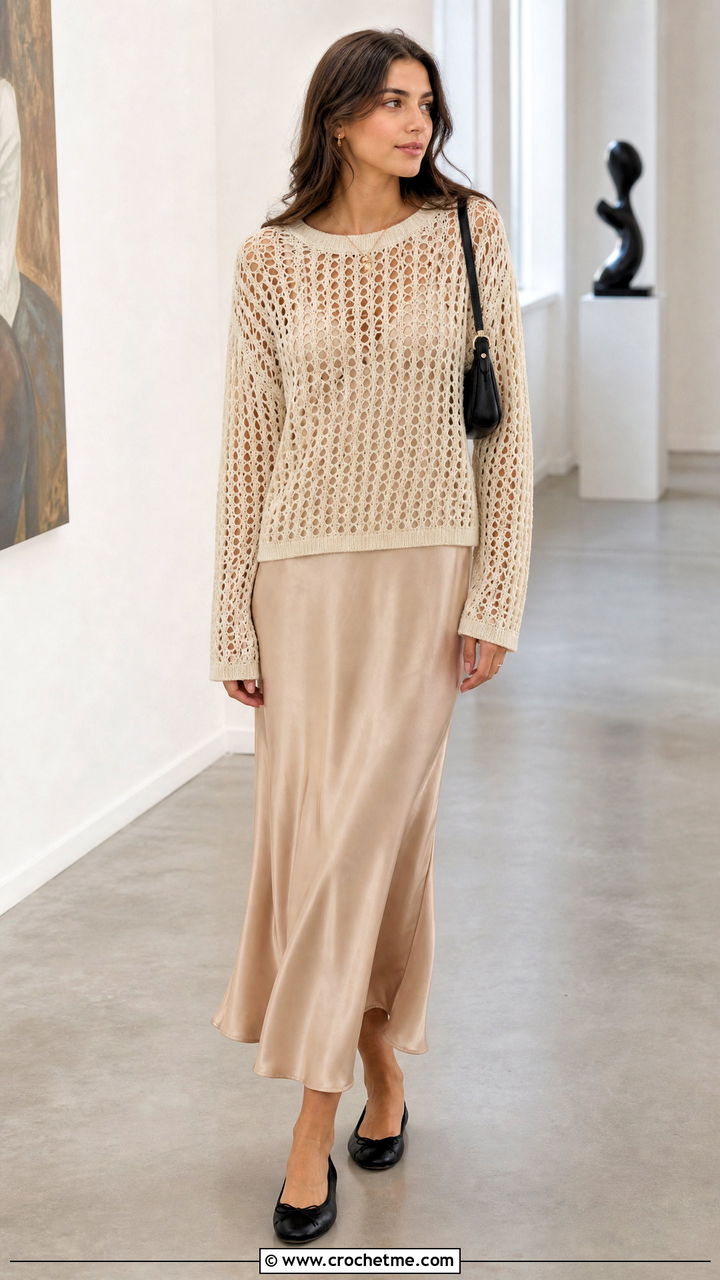 Crochet Sweater Over A Slip Dress - 35 crochet sweater outfit ideas