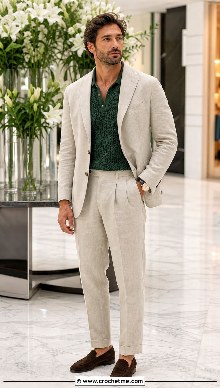 Crochet Sweater Polo With A Relaxed Suit - 35 Mens Crochet Top outfit ideas