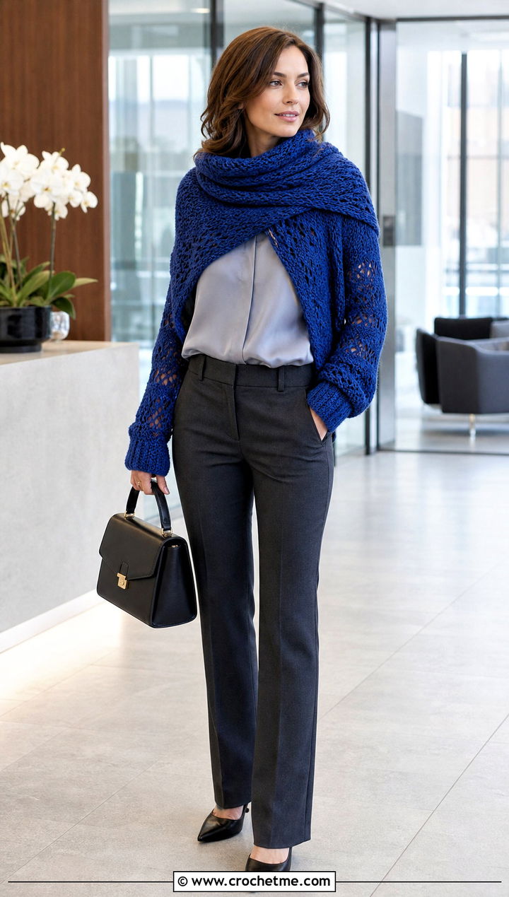 Crochet Sweater Scarf With Tailored Trousers - 25 crochet shawl sweater outfit ideas
