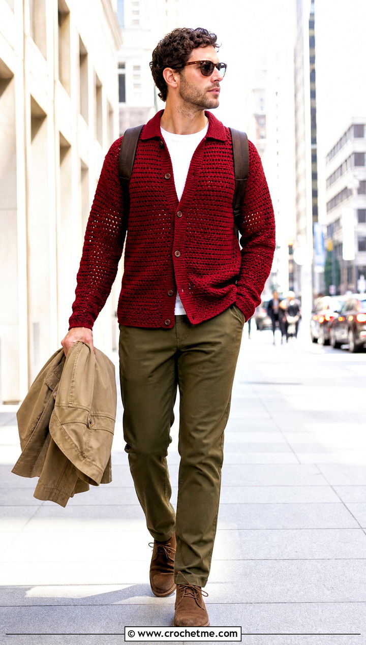 Crochet Sweater Shirt With Chinos - 35 men's crochet shirt outfit ideas