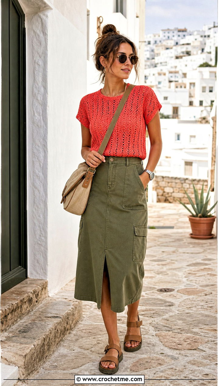 Crochet Sweater Tee With Utility Skirt - 35 summer crochet sweater outfit ideas