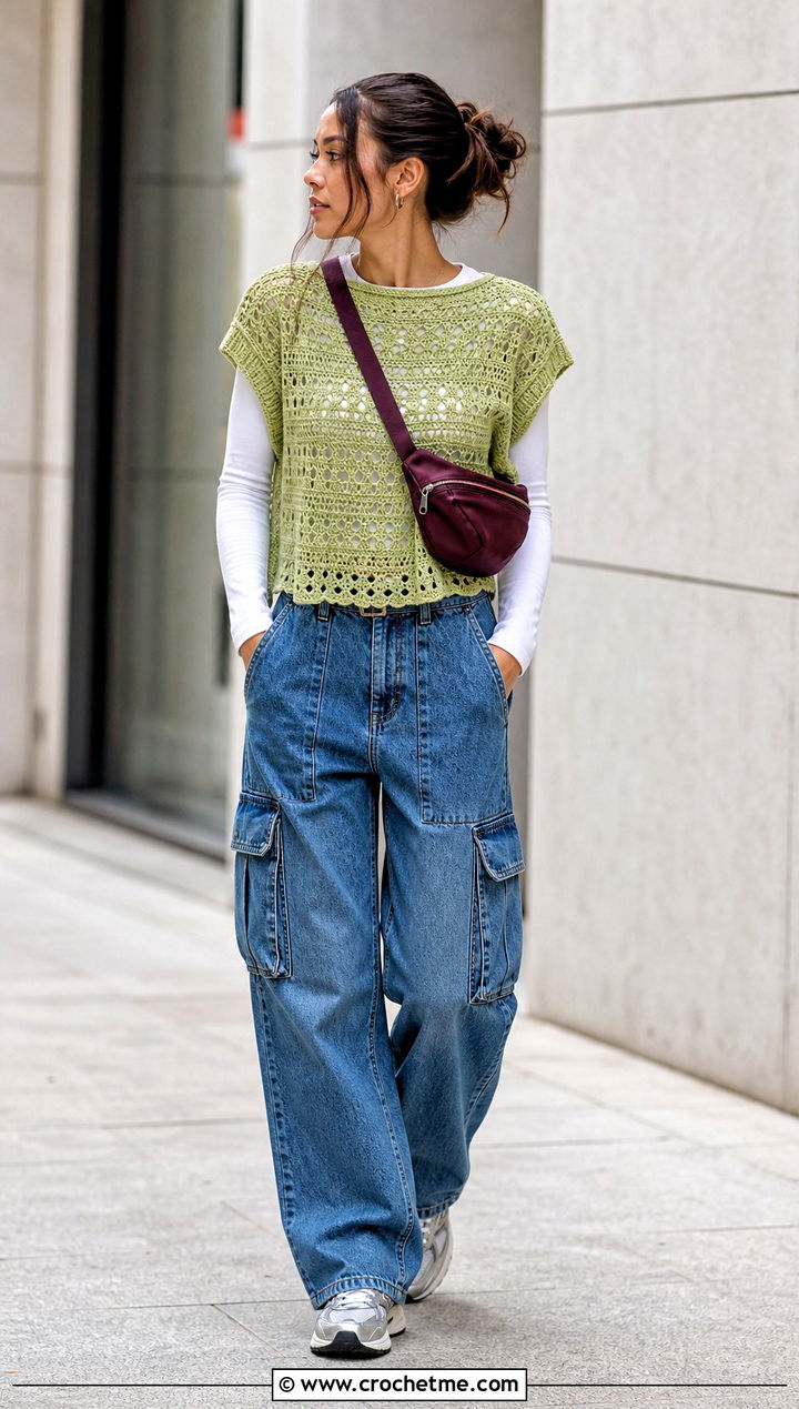 Crochet Sweater Top With Cargo Jeans - 35 knitted crochet top outfit ideas