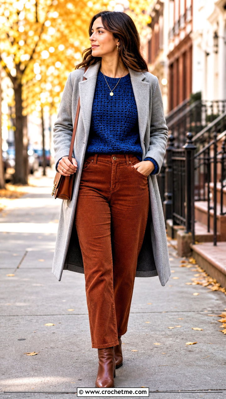 Crochet Sweater Top With Corduroy Pants - 35 style crochet top outfit ideas
