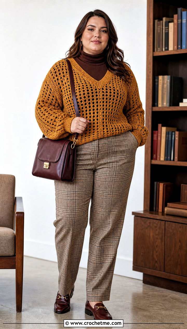 Crochet Sweater Top With Plaid Trousers - 35 plus size crochet top outfit ideas
