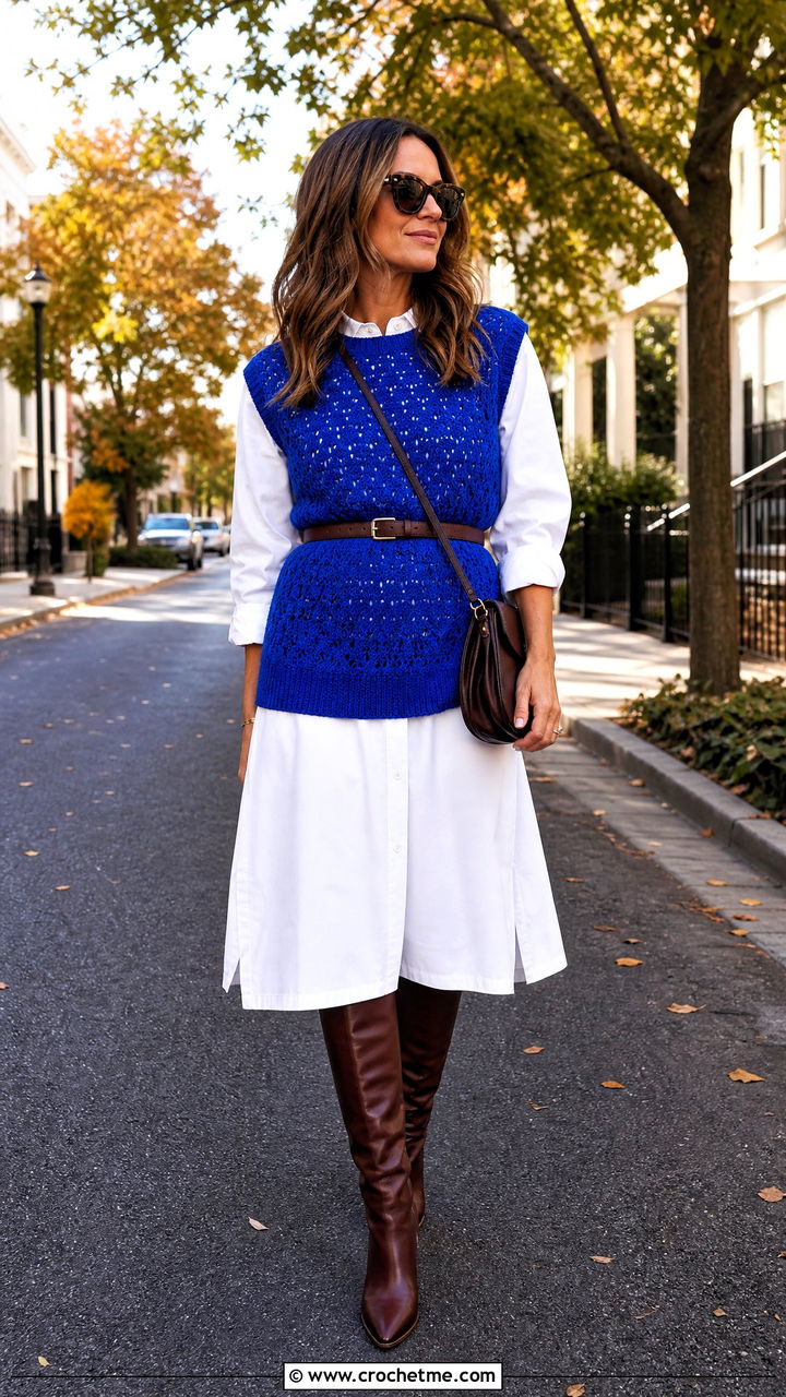 Crochet Sweater Vest Over A Shirt Dress - 35 colorful crochet sweater outfit ideas