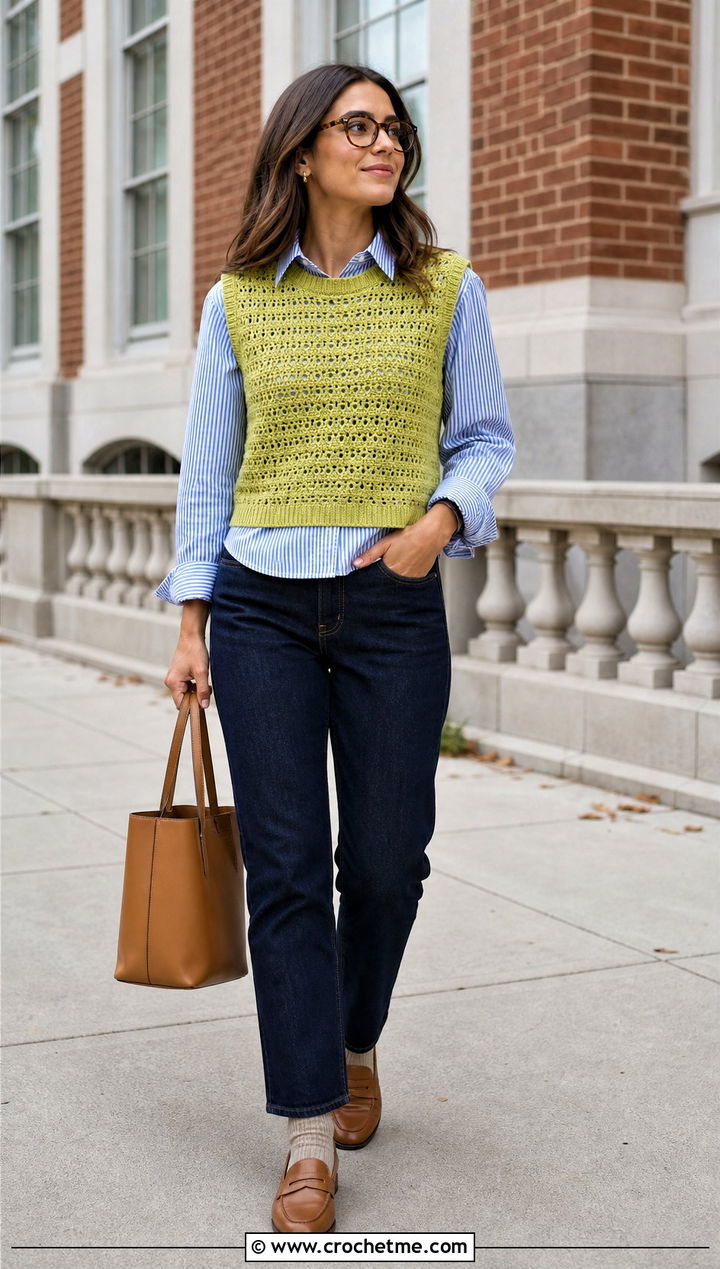 Crochet Sweater Vest Top With Button Down Shirt And Jeans - 15 crochet tops on hangers outfit ideas