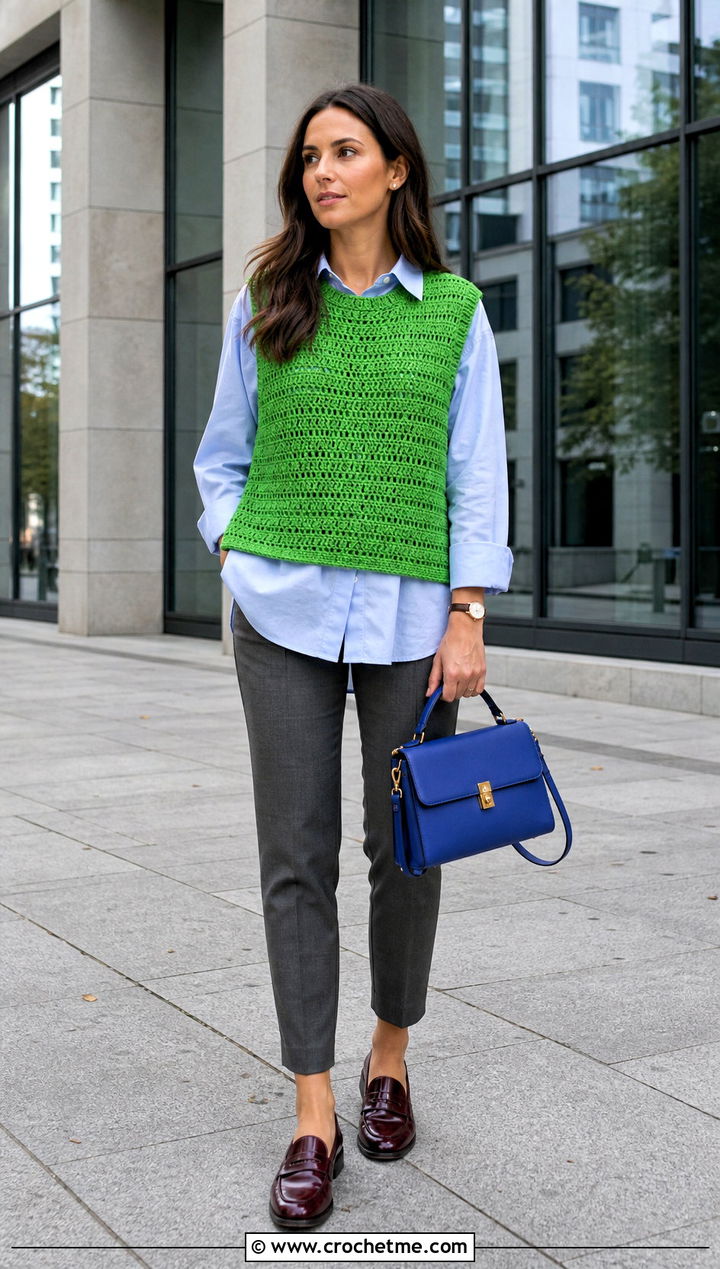 Crochet Sweater Vest Top With Button Down Shirt - 35 crochet womens tops outfit ideas