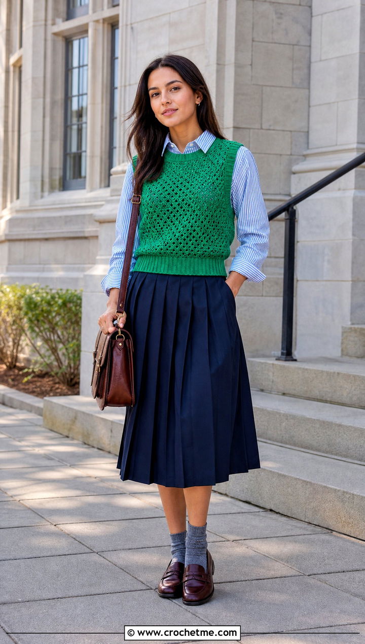 Crochet Sweater Vest Top With Striped Shirt And Pleated Skirt - 35 crochet layering top outfit ideas