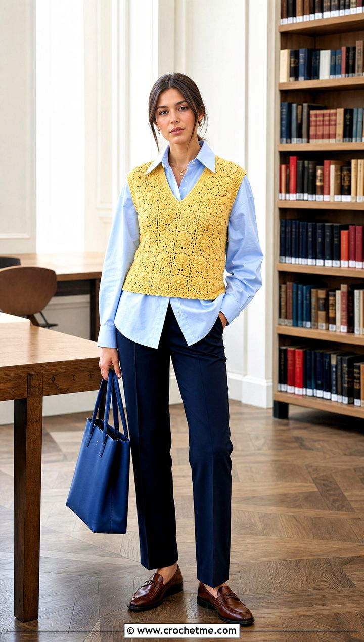 Crochet Sweater Vest With Button Down Shirt - 15 vintage crochet top design outfit ideas