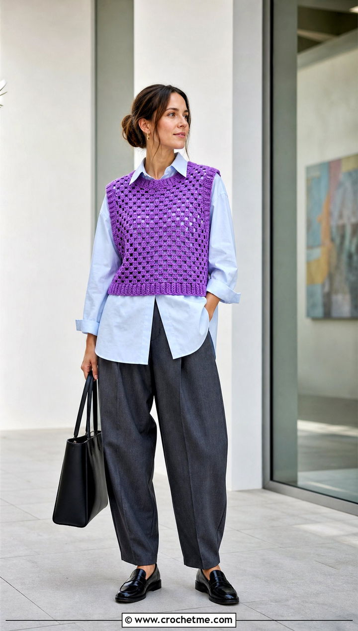 Crochet Sweater Vest With Button Down Shirt - 35 spring crochet top outfit ideas