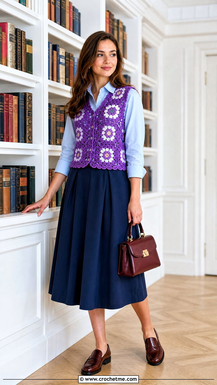 Crochet Sweater Vest With Button Down Shirt - 35 trendy crochet tops outfit ideas