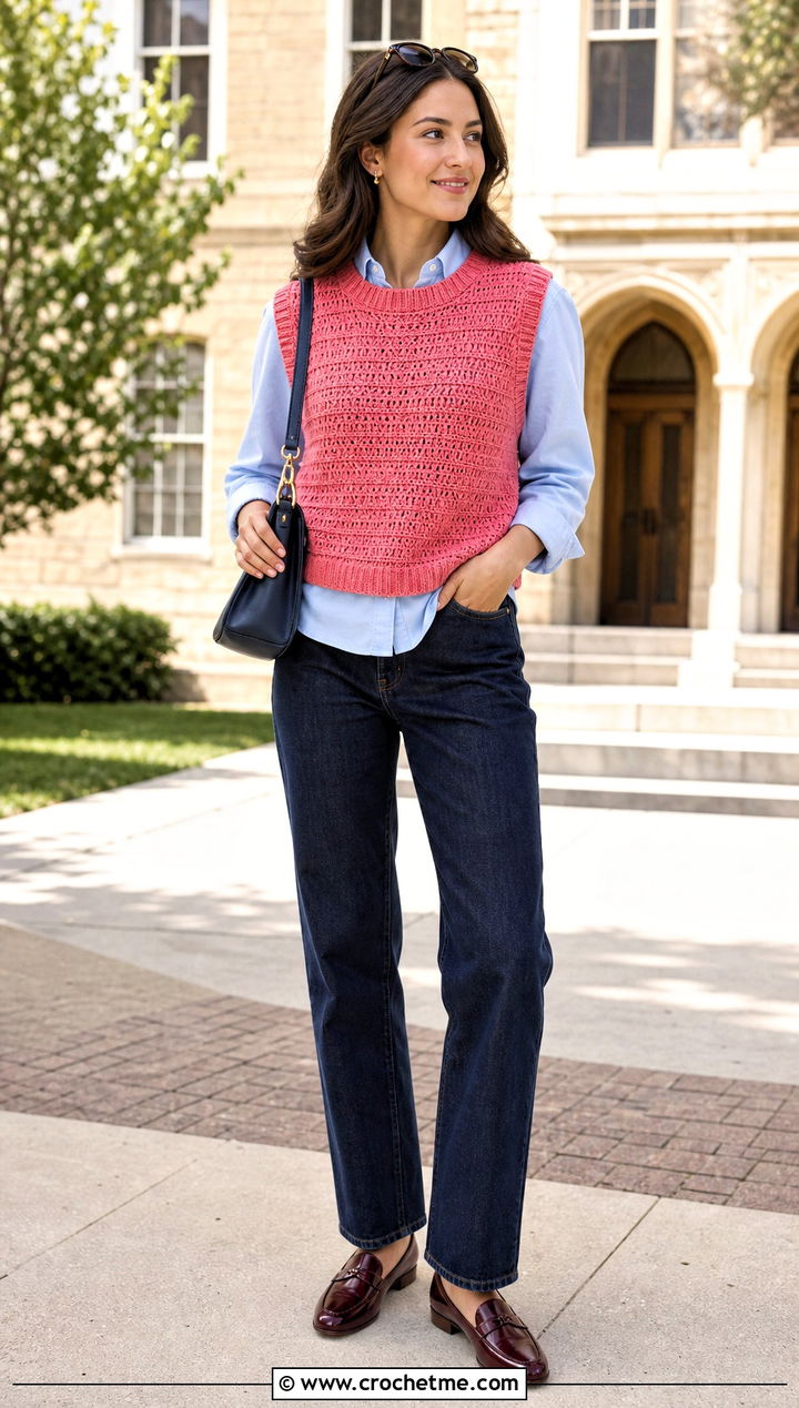 Crochet Sweater Vest With Button Down Shirt And Jeans - 30 unique crochet sweater outfit ideas