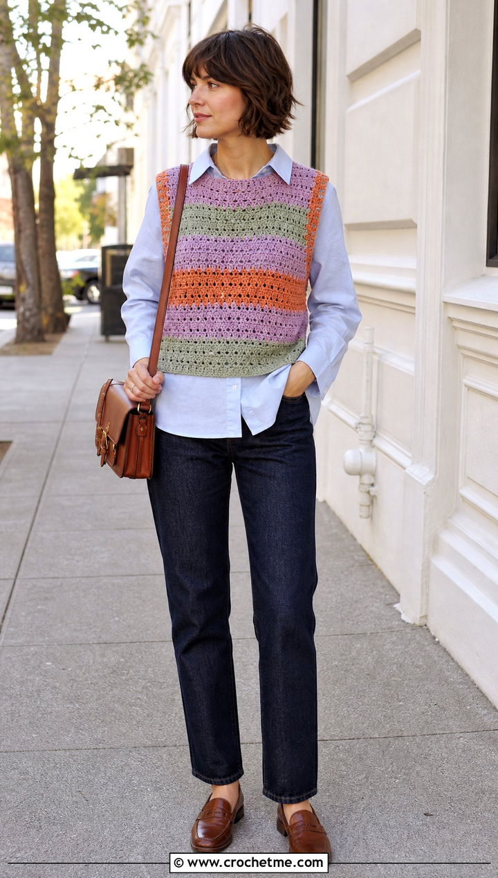 Crochet Sweater Vest With Button Down Shirt And Jeans - 30 multi color crochet top outfit ideas
