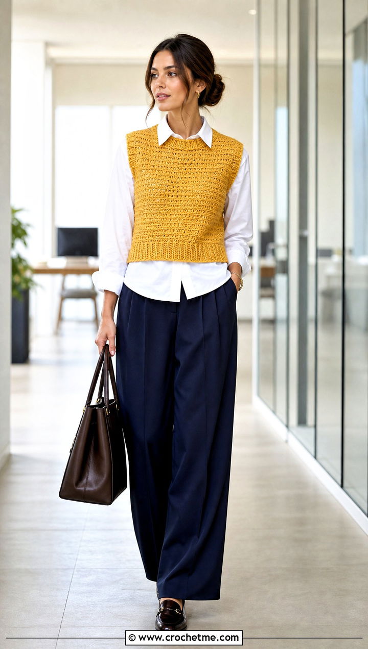 Crochet Sweater Vest With Button Down Shirt And Pleated Pants - 25 Winter Crochet Clothes and outfit ideas