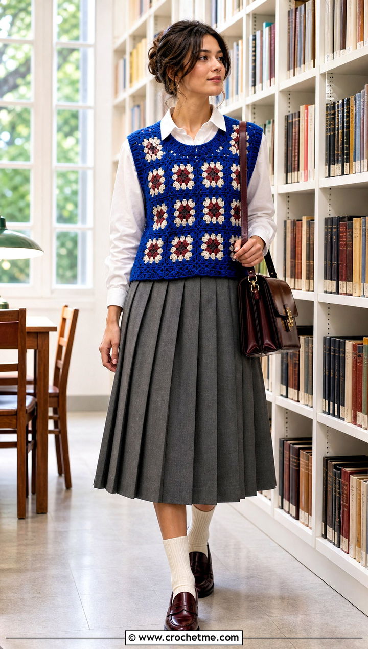Crochet Sweater Vest With Button Down Shirt And Pleated Skirt - 25 vintage crochet top outfit ideas