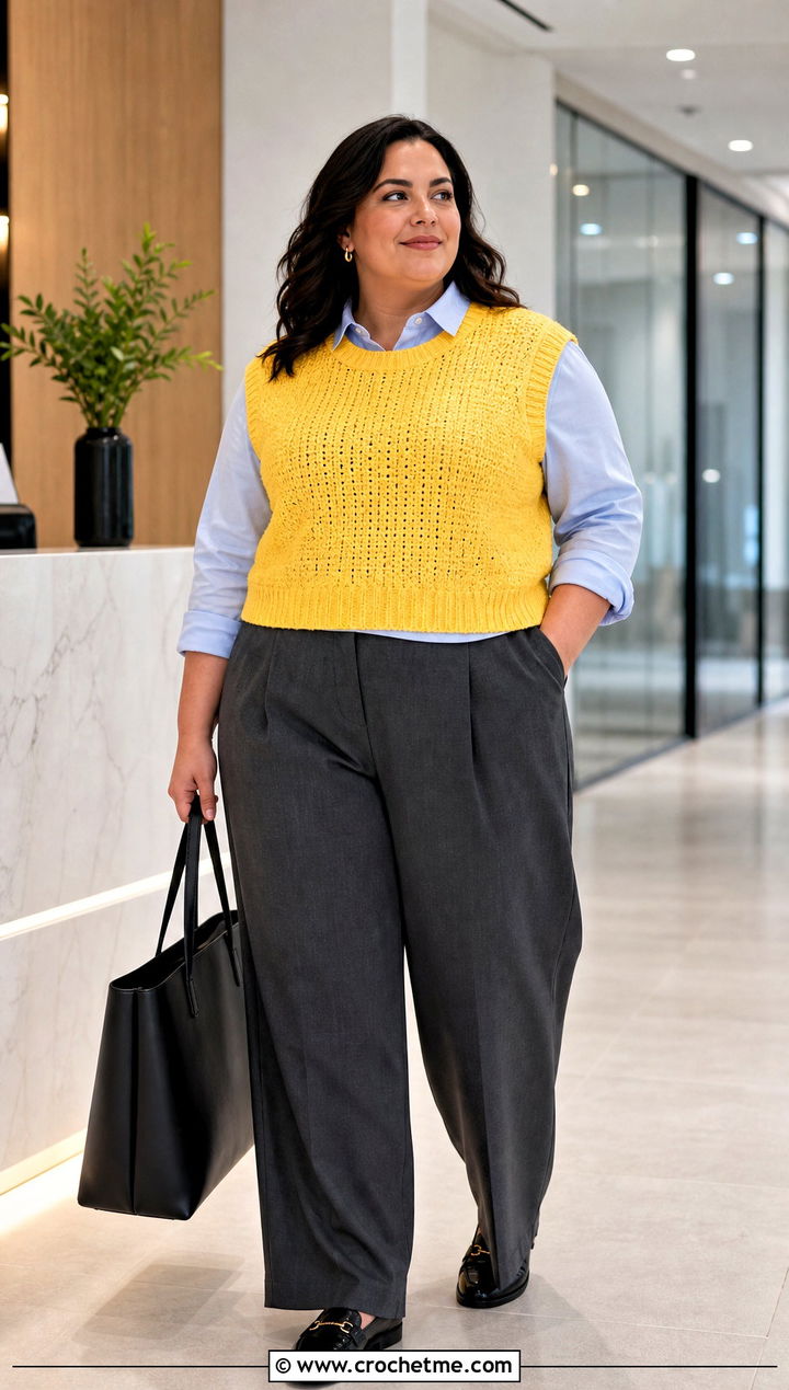 Crochet Sweater Vest With Button Down Shirt And Trousers - 35 plus size crochet outfit ideas