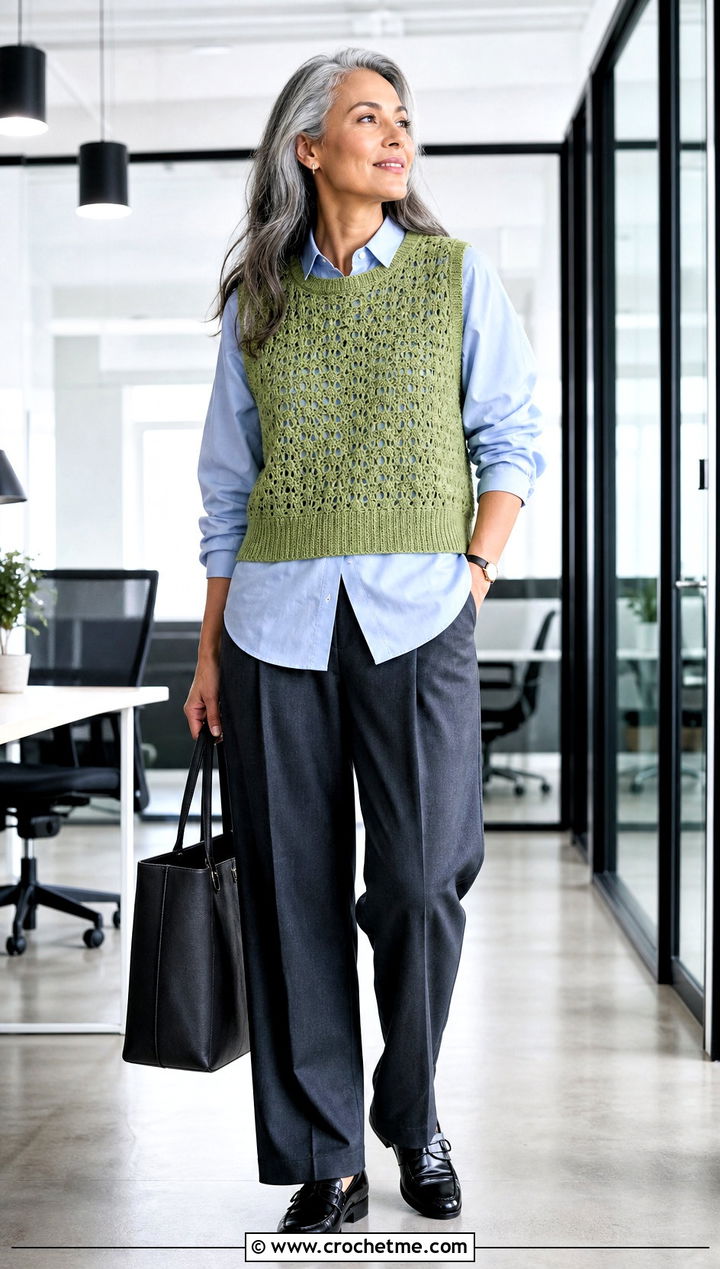 Crochet Sweater Vest With Button Down Shirt And Trousers - 25 Crocheted Sweaters For Women outfit ideas
