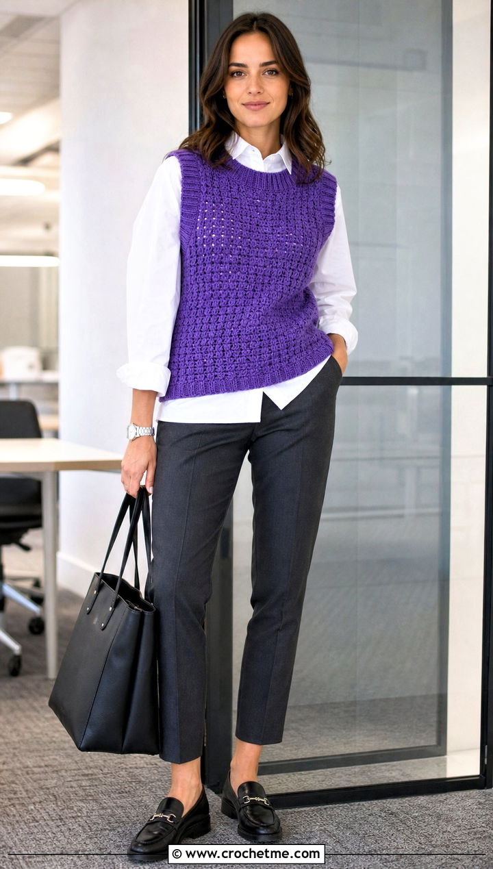 Crochet Sweater Vest With Button Down Shirt And Trousers - 15 Crochet For Ladies Sweaters outfit ideas