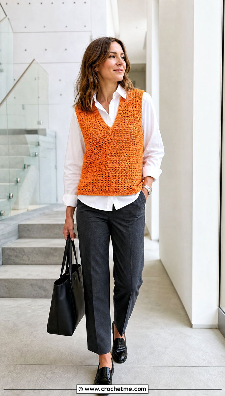 Crochet Sweater Vest With Button Down Shirt And Trousers - 30 diy crochet top outfit ideas