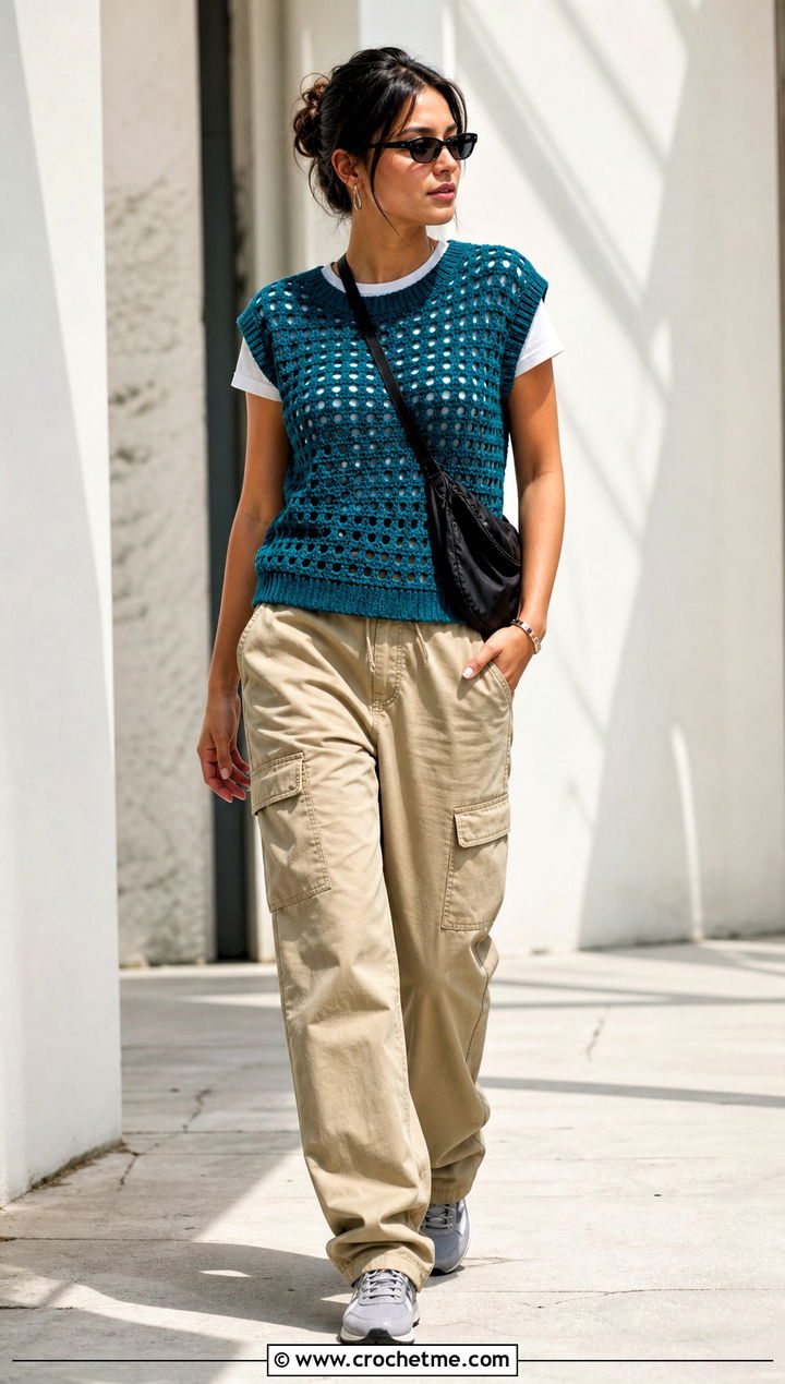 Crochet Sweater Vest With Cargo Pants - 30 cute crochet summer clothes and outfit ideas