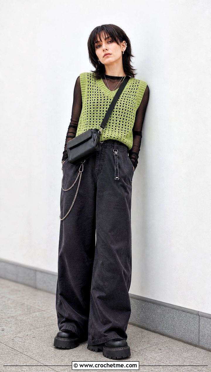Crochet Sweater Vest With Chain Detail Trousers - 25 alt crochet sweater outfit ideas