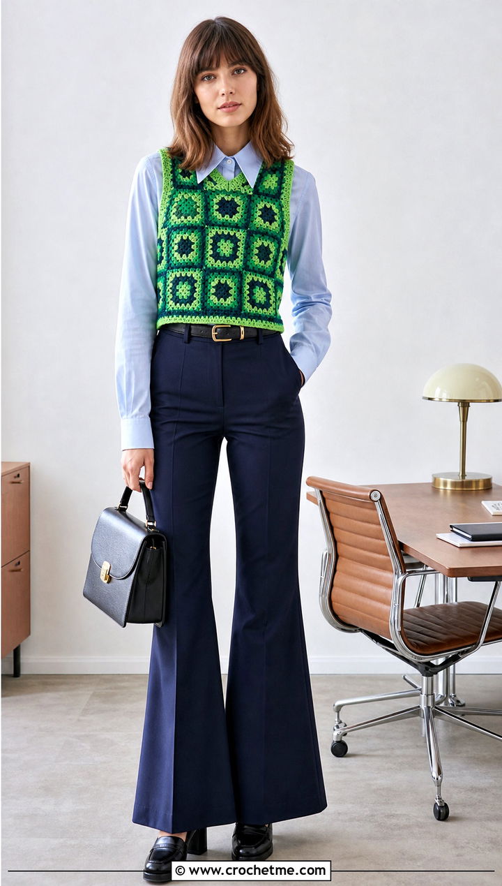 Crochet Sweater Vest With Collared Shirt And Flares - 15 Crochet Sweater 70S outfit ideas