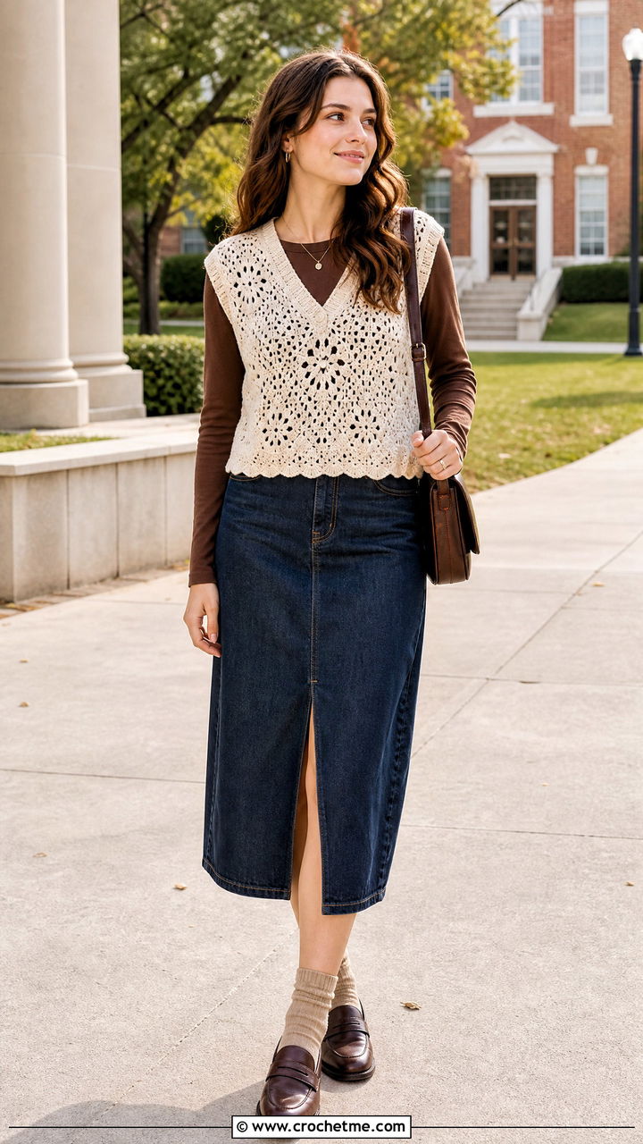 Crochet Sweater Vest With Denim Skirt - 35 crochet clothes and outfit ideas