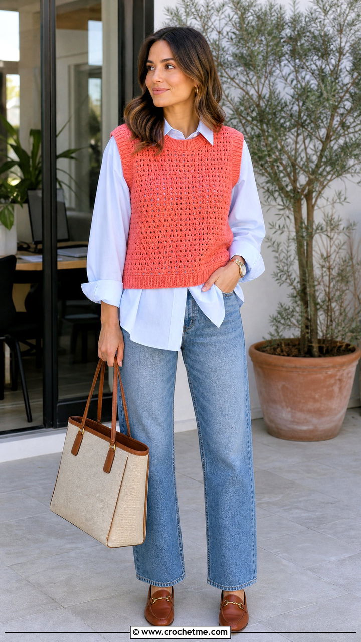 Crochet Sweater Vest With Oversized Shirt And Jeans - 35 crochet sweaters outfit ideas