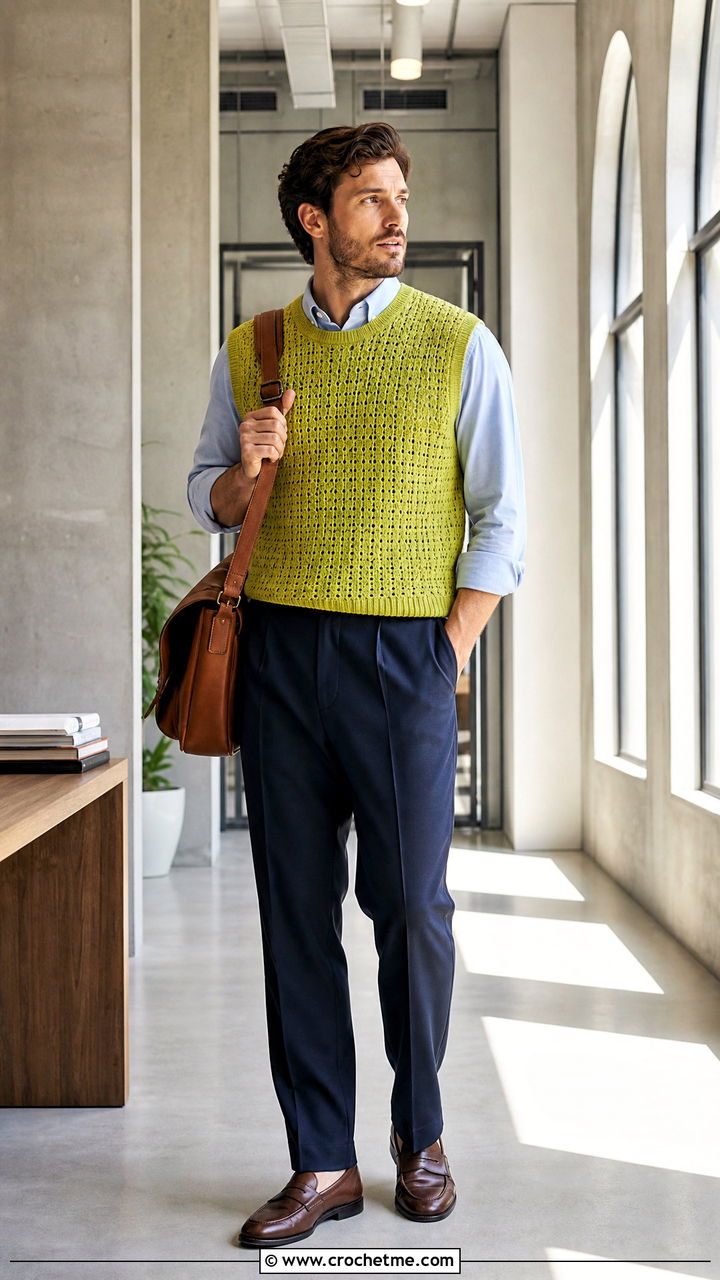 Crochet Sweater Vest With Oxford Shirt - 35 crochet clothes for men outfit ideas
