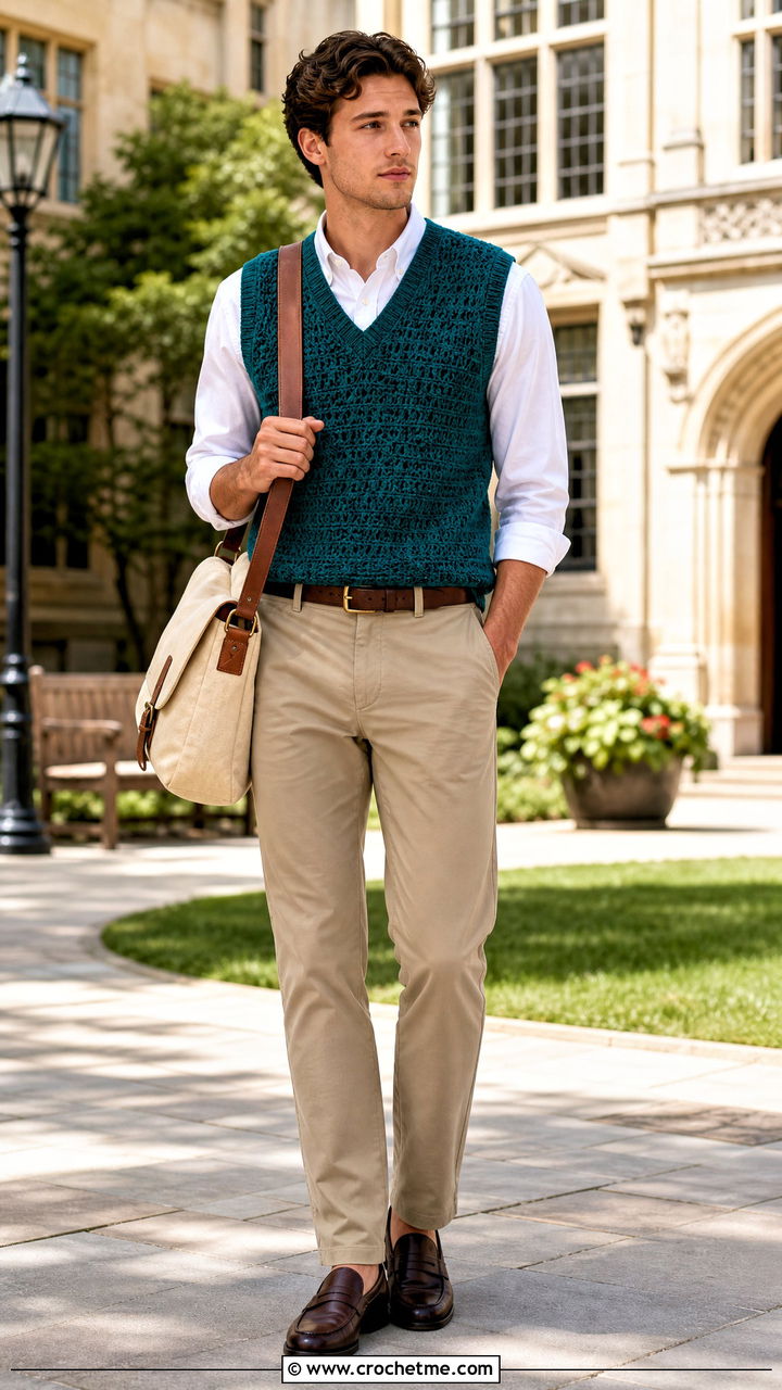 Crochet Sweater Vest With Oxford Shirt - 35 crochet outfits for men outfit ideas