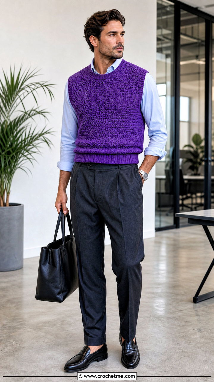 Crochet Sweater Vest With Oxford Shirt - 35 crochet top men outfit ideas