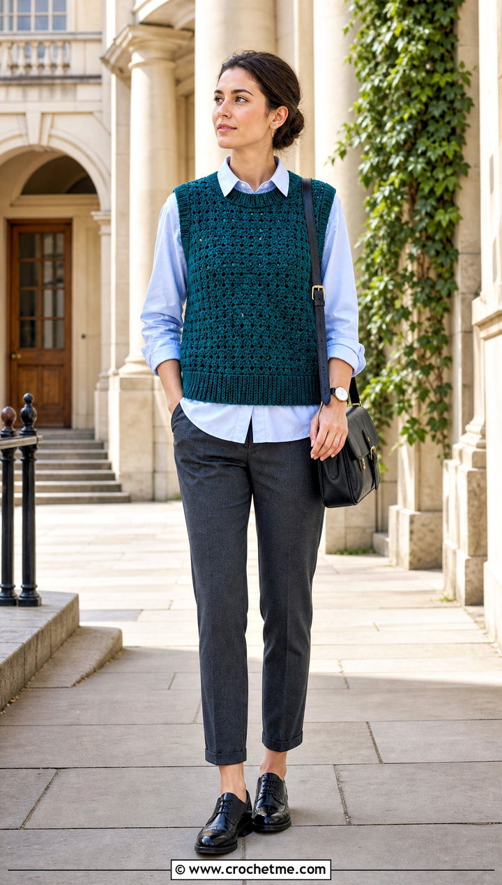 Crochet Sweater Vest With Oxford Shirt - 35 old money crochet outfits ideas