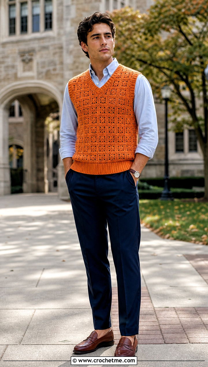 Crochet Sweater Vest With Oxford Shirt - 25 Crochet Men Clothing and outfit ideas