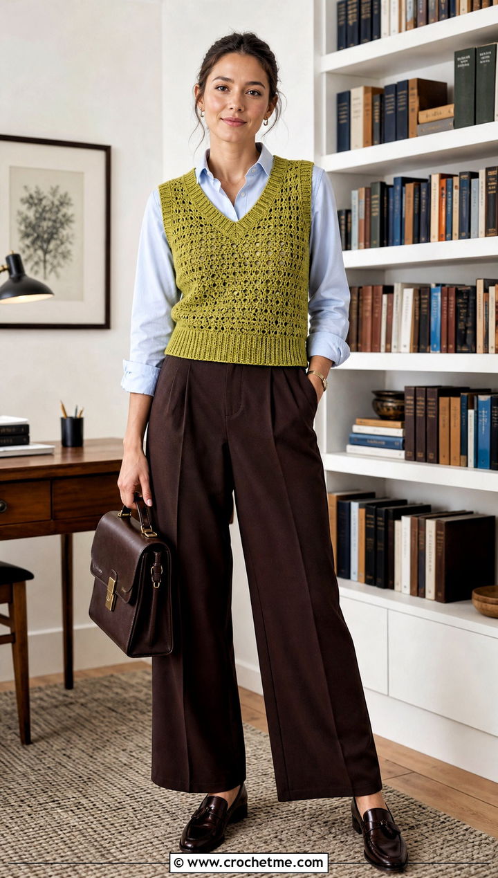 Crochet Sweater Vest With Oxford Shirt - 25 Crochet Professional Clothes and outfit ideas