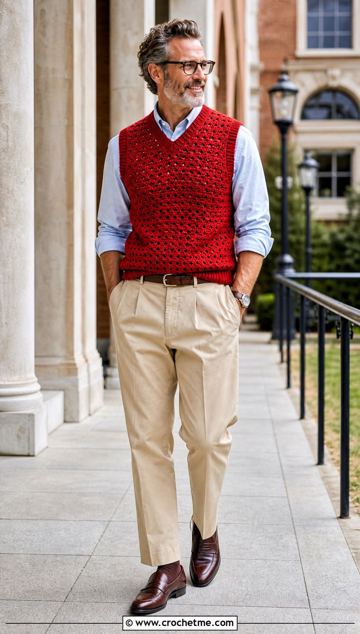Crochet Sweater Vest With Oxford Shirt - 15 men's crochet top outfit ideas