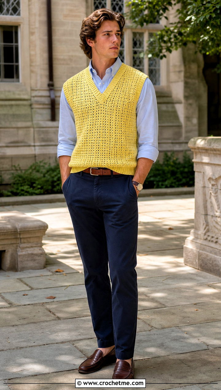 Crochet Sweater Vest With Oxford Shirt And Chinos - 30 men crochet top outfit ideas