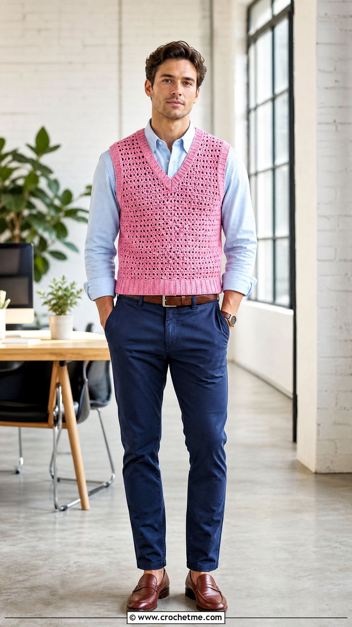 Crochet Sweater Vest With Oxford Shirt And Chinos - 35 crochet top for men outfit ideas