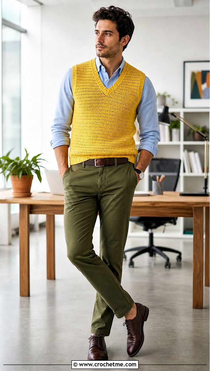 Crochet Sweater Vest With Oxford Shirt And Chinos - 15 crochet tops for men outfit ideas