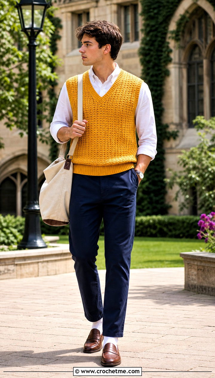Crochet Sweater Vest With Oxford Shirt And Chinos - 30 Easy Crochet Mens Sweater outfit ideas