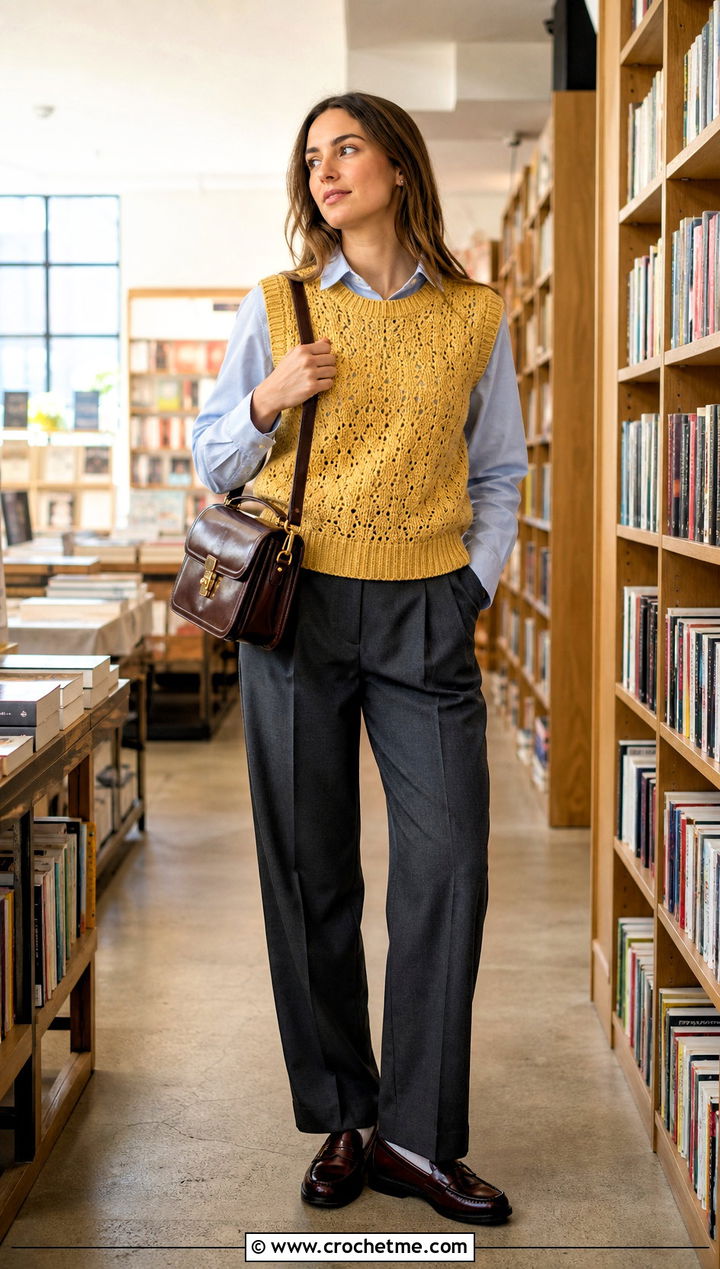Crochet Sweater Vest With Oxford Shirt And Pleated Pants - 30 fall crochet sweaters outfit ideas
