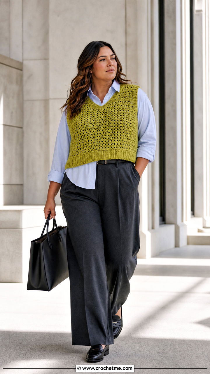 Crochet Sweater Vest With Oxford Shirt And Trousers - 35 autumn crochet clothes and outfit ideas