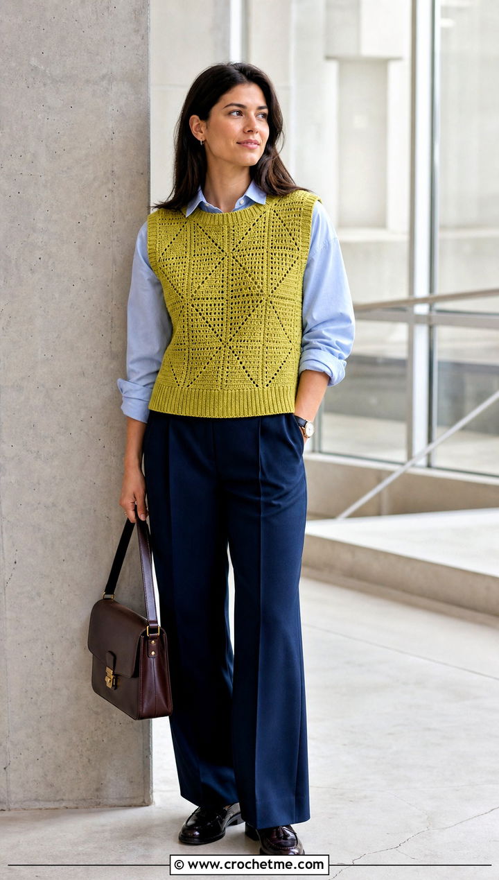 Crochet Sweater Vest With Oxford Shirt And Wide Leg Pants - 30 Fall Crochet Clothes Ideas