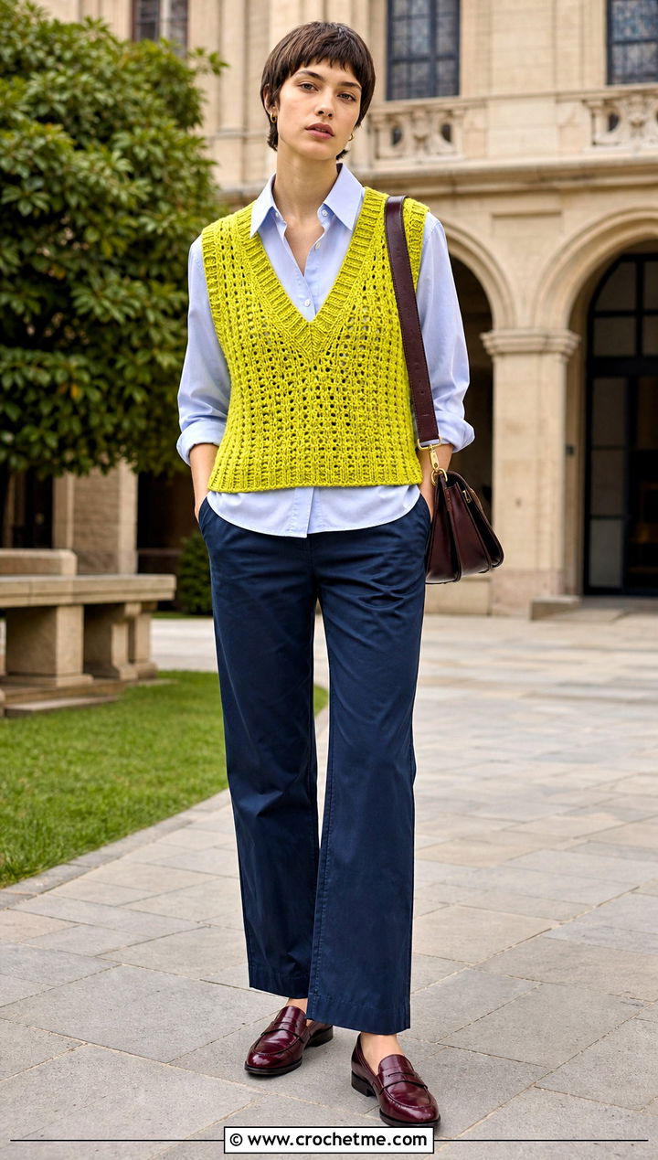 Crochet Sweater Vest With Oxford Shirt - 30 Masc Crochet Clothes and outfit ideas